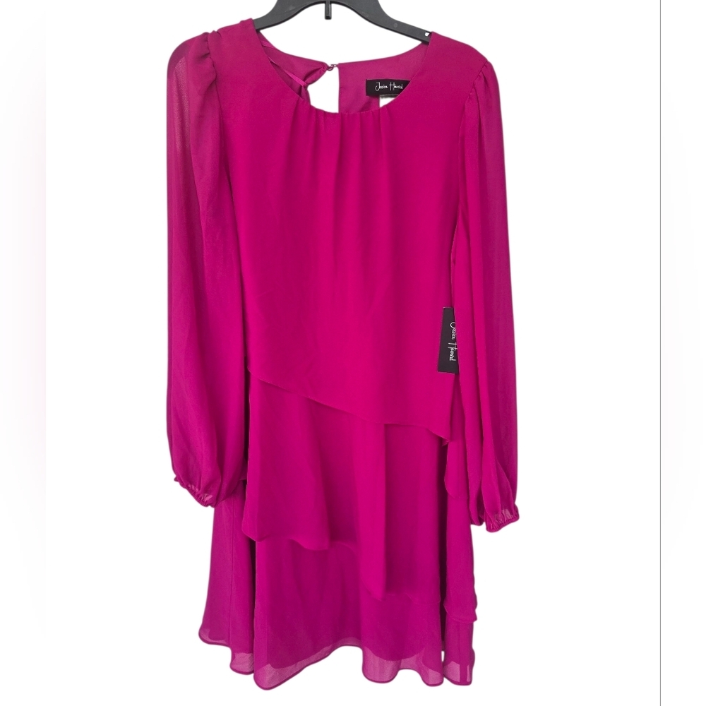 $109 Jessica Howard Shift Dress Sz 16 Plus Tiered Pink Chiffon Long Sleeves Date - Picture 2 of 16